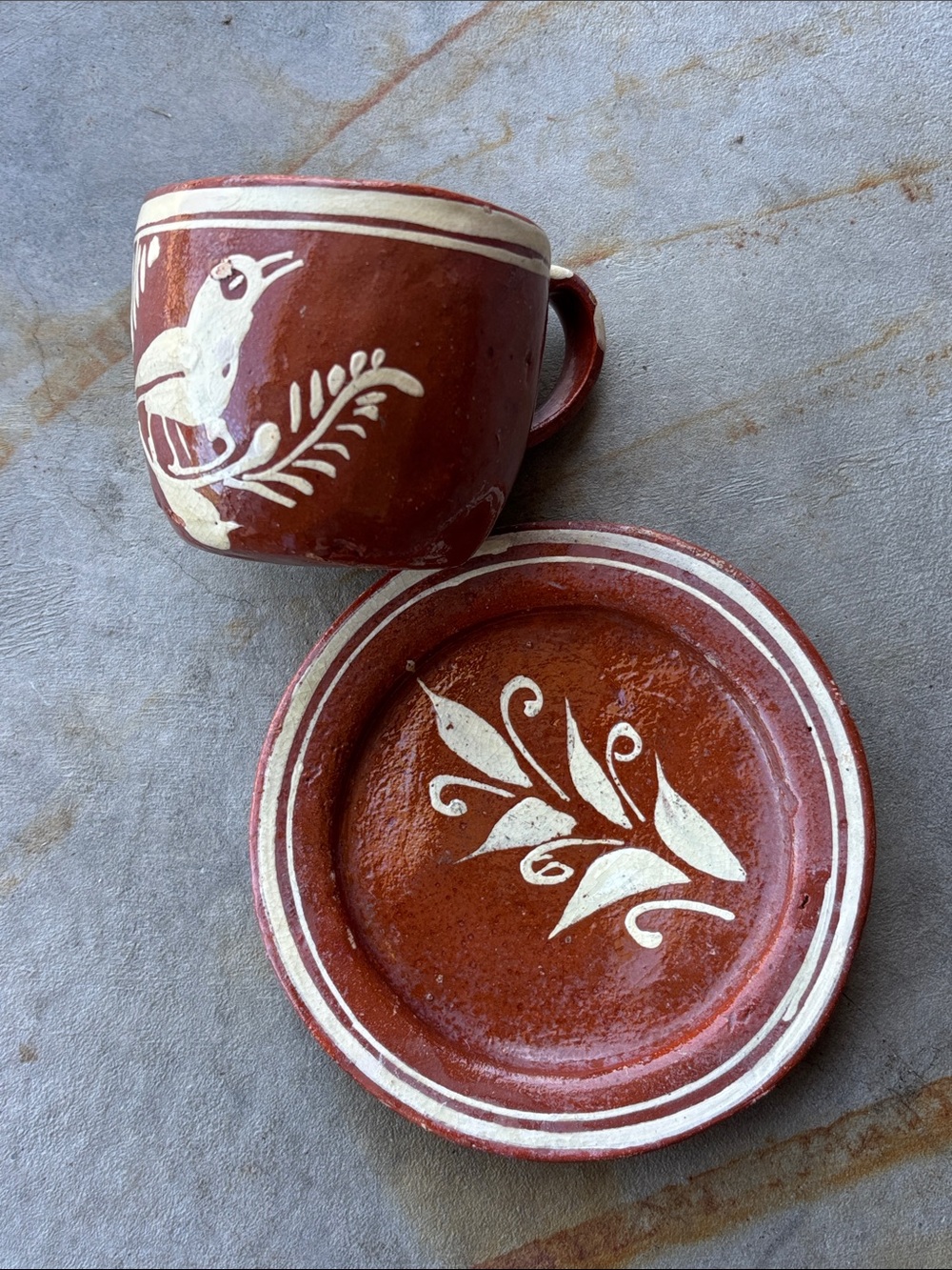 Vintage Mexican Terracotta Pottery Mug & Saucer Set Hand Painted Folk Art